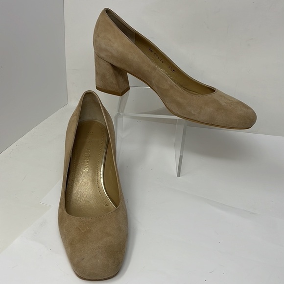 STUART WEITZMAN SZ 7.5M MARYMID BEIGE SUEDE PUMPS RETAIL $375 - Picture 1 of 13